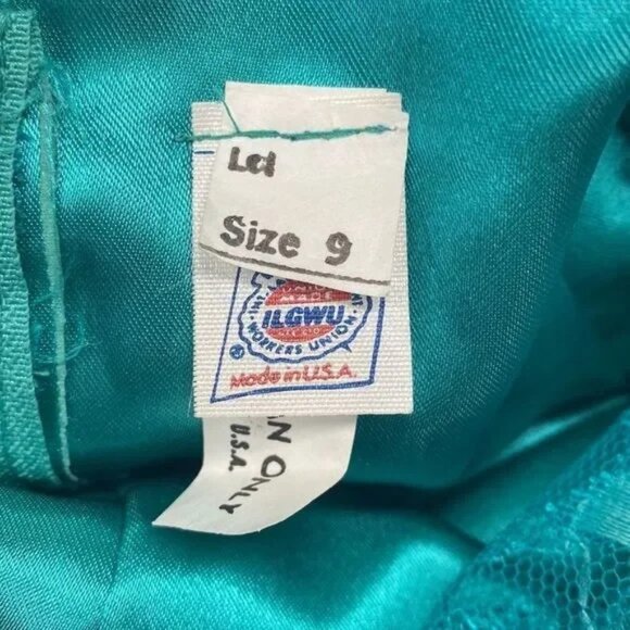 VINTAGE 80'S ILGWU UNION MADE WORKERS UNION TEAL/TURQUOISE FORMAL BOW DRESS 9 - Picture 15 of 16
